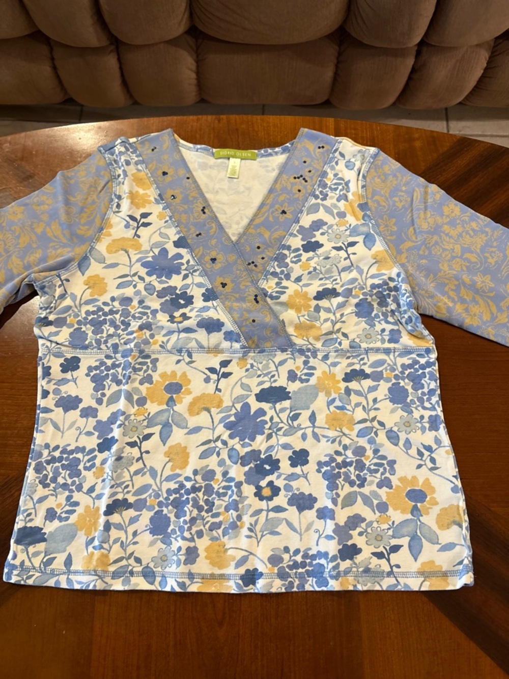 Sigrid Olsen Women’s Blue & Yellow Floral V-Neck Top - Picture 3 of 8